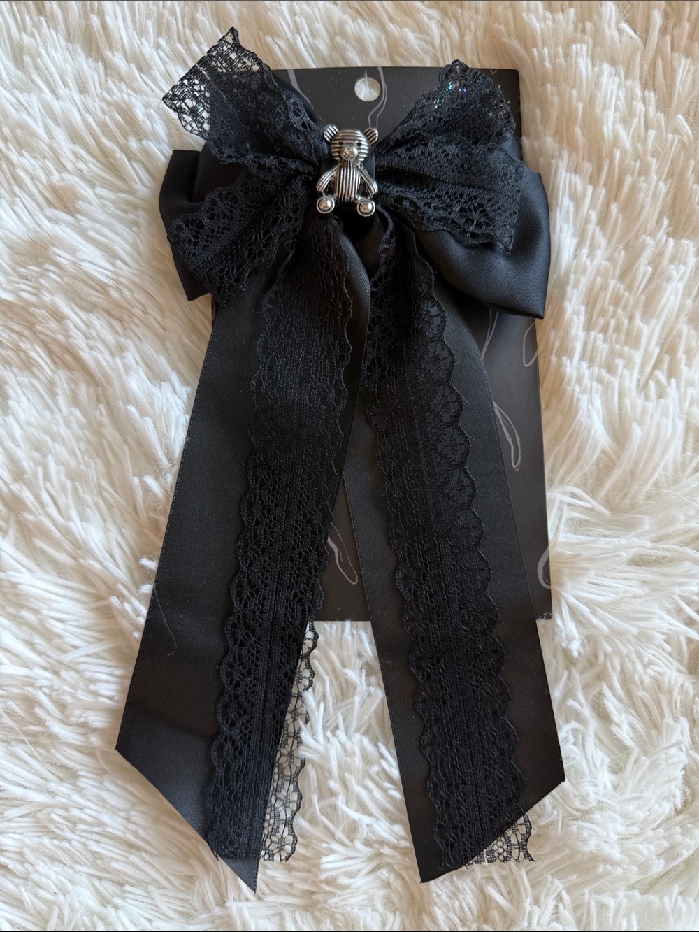NWT Black Ribbon and Lace Bow Hair Clip with Silver Teddy Accent